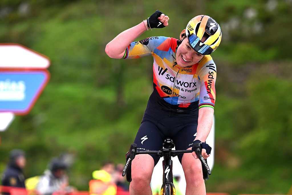NAVA, SPAIN - MAY 08: Anna van der Breggen of Netherlands and Team SD Worx - Protime celebrates at finish line as stage winner during the 12th La Vuelta Femenina 2026, Stage 6 a 106.5km stage from Gijon / Xixon to Les Praeres. Nava 738m / #UCIWWT / on May 08, 2026 in Nava, Spain. (Photo by Szymon Gruchalski/Getty Images)
