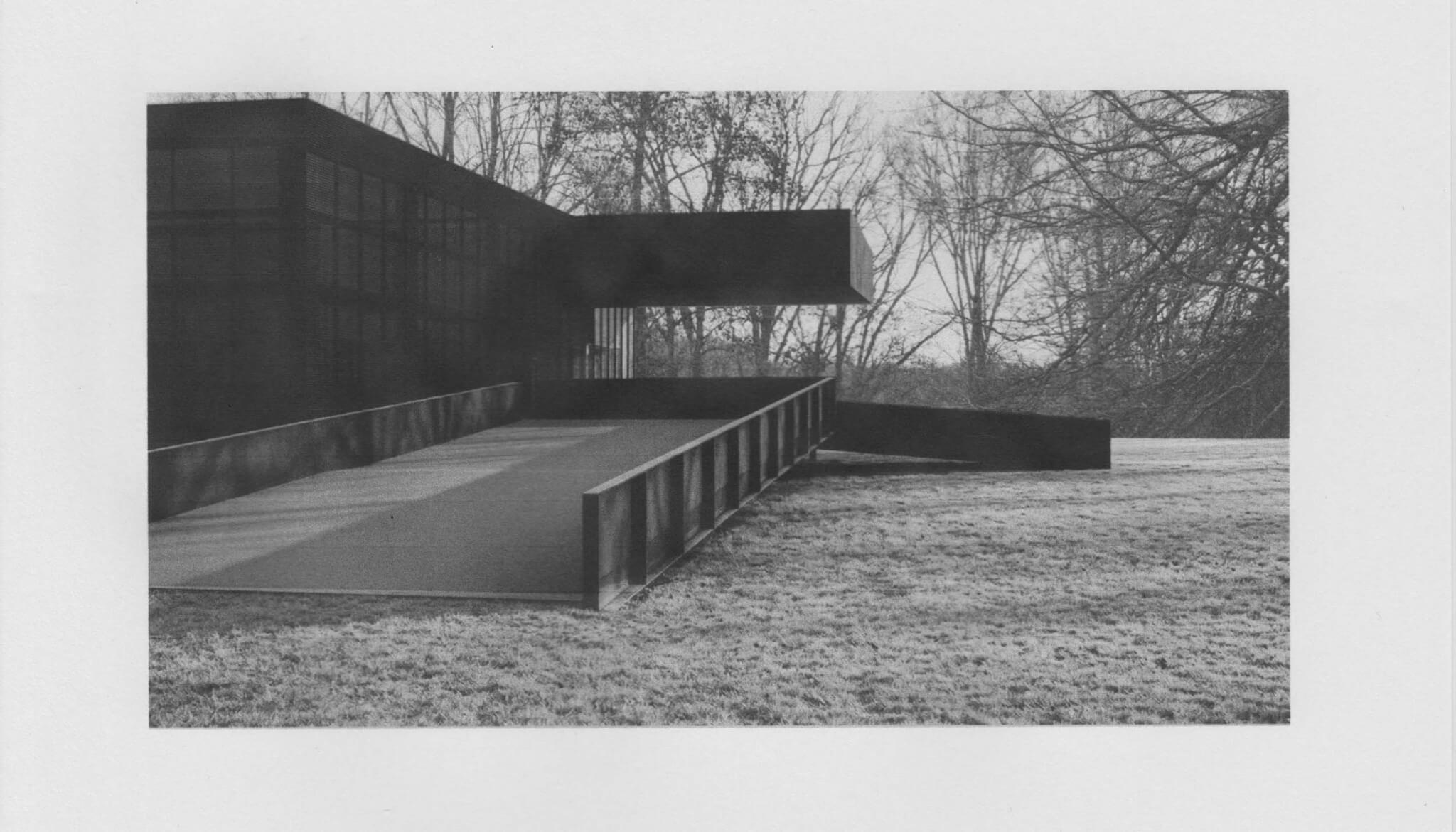 Black and white architectural rendering of a low rectangular building
