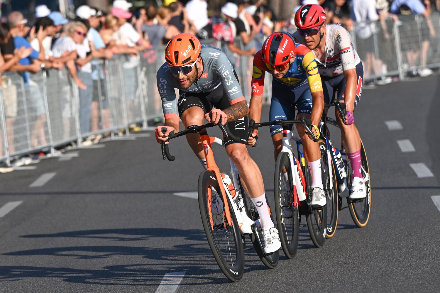 Ganna rides ahead of Sobrero and Stuyven