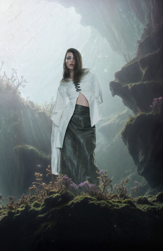 A woman stands in an ethereal, underwater-like landscape with light streaming down. She wears a white shirt and a long dark skirt, surrounded by moss and small purple flowers on rocky terrain.