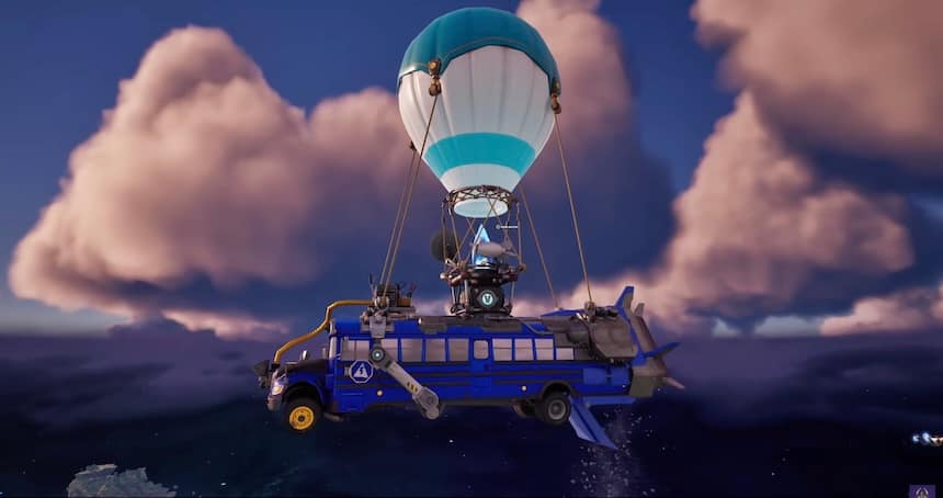 A giant blue bus propelled by an air balloon flies among clouds. 