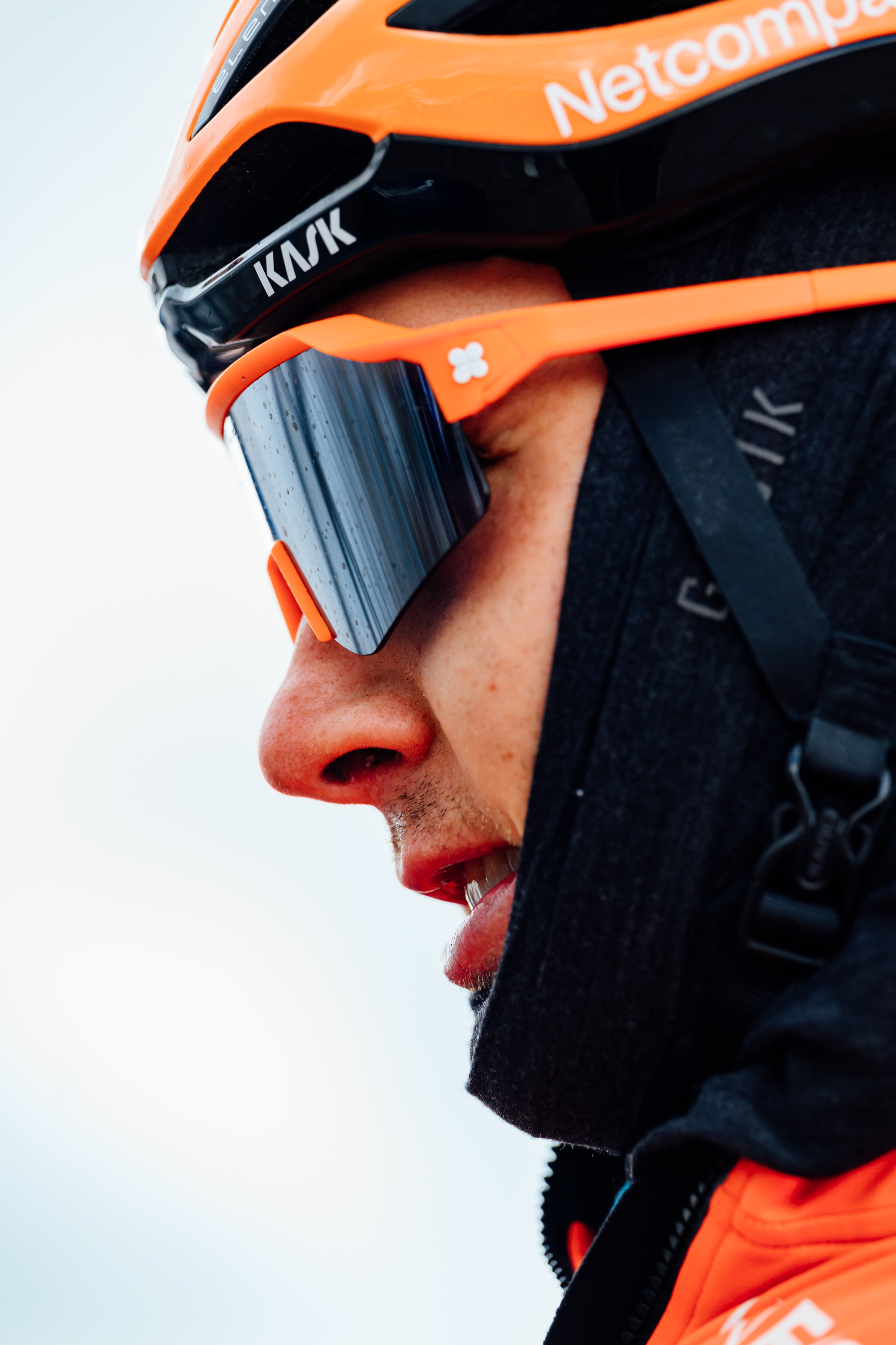 A rider wrapped up in warm clothing after the race. Images from 2026 Giro d'Italia stage 7 to Blockhaus