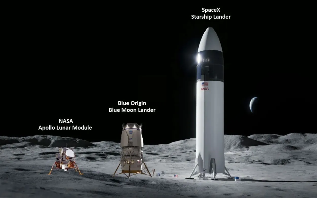 three moon landers stand on the lunar surface, side-by-side.