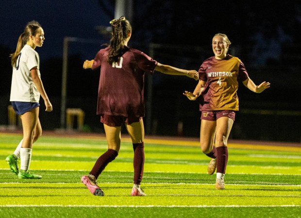 Windsor's Macy Isom (4) celebrates scoring a goal during a first round game of the CHSSA girl's soccer state championship against Dakota Ridge at Windsor High School in Greeley on Thursday, May 7, 2026. (Brice Tucker/Staff Photographer)