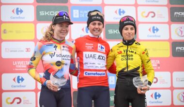 Winner of 2026 La Vuelta Femenina cycling tour of Spain, team UAE ADQ's Spanish rider Paula Blasi Cairol, second placed team SD Worx - Protime's Dutch rider Anna van der Breggen (L) and third placed Team Visma - Lease a Bike's French rider Marion Bunel (R) celebrate on the podium after the 7th stage, a 132.9 km race between Pola de Laviana and Alto de l'Angliru, on May 9, 2026. (Photo by Miguel RIOPA / AFP via Getty Images)