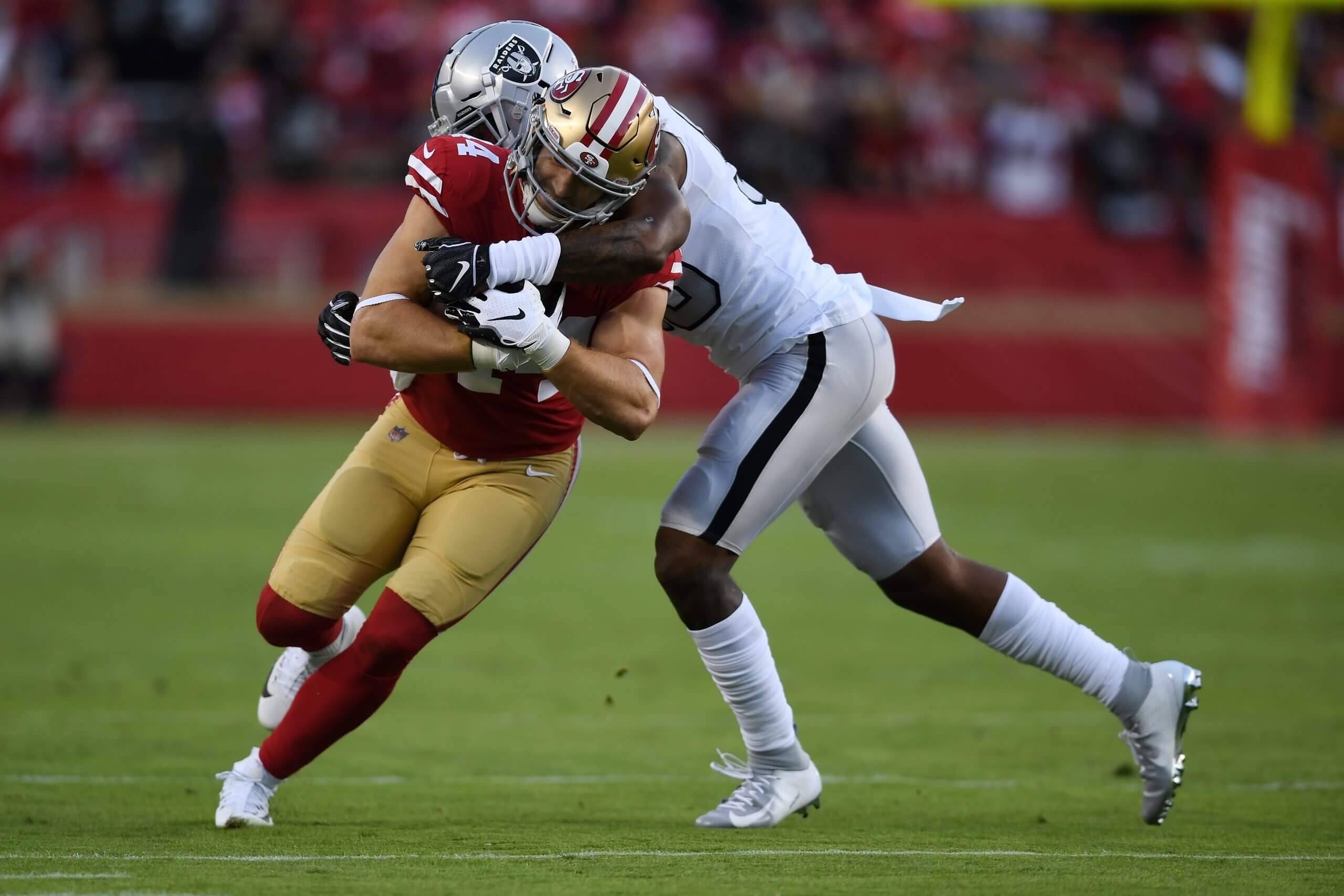 Kyle Juszczyk #44 of the San Francisco 49ers rushes with the ball against the Oakland Raiders during their NFL game at Levi's Stadium on November 1, 2018.