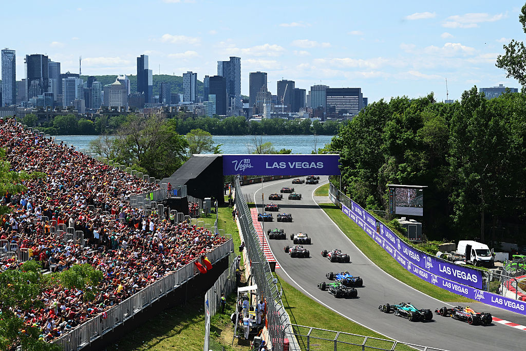 MONTREAL, QUEBEC - JUNE 15: Carlos Sainz of Spain driving the (55) Williams FW47 Mercedes Gabriel Bortoleto of Brazil driving the (5) Kick Sauber C45 Ferrari and Lance Stroll of Canada driving the (18) Aston Martin F1 Team AMR25 Mercedes chase the pack during the F1 Grand Prix of Canada at Circuit Gilles-Villeneuve on June 15, 2025 in Montreal, Quebec. (Photo by Mark Sutton - Formula 1/Formula 1 via Getty Images)