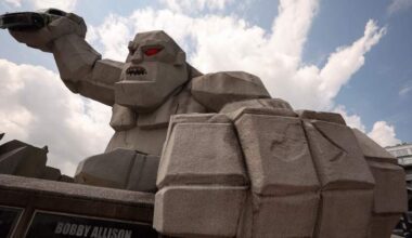 The Monster Monument statue stands outside Dover Motor Speedway ahead of NASCAR All-Star Weekend