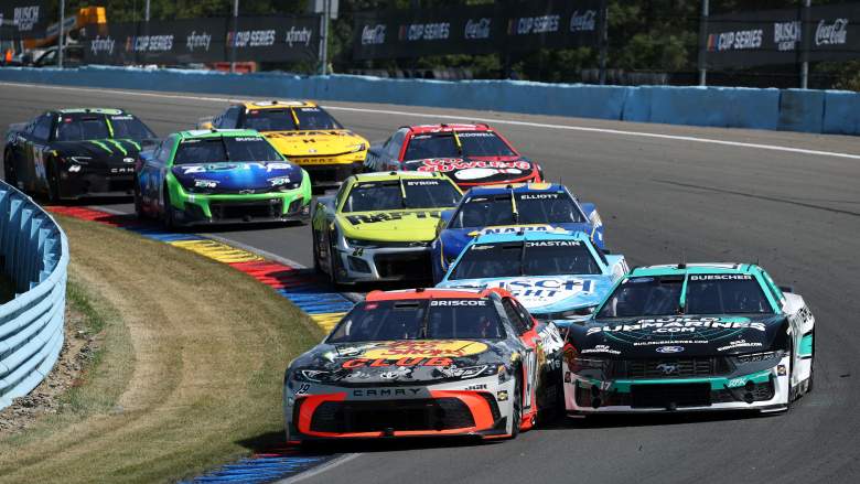 Chase Briscoe leads a pack of NASCAR Cup Series cars through a turn during the Go Bowling at The Glen race at Watkins Glen International.