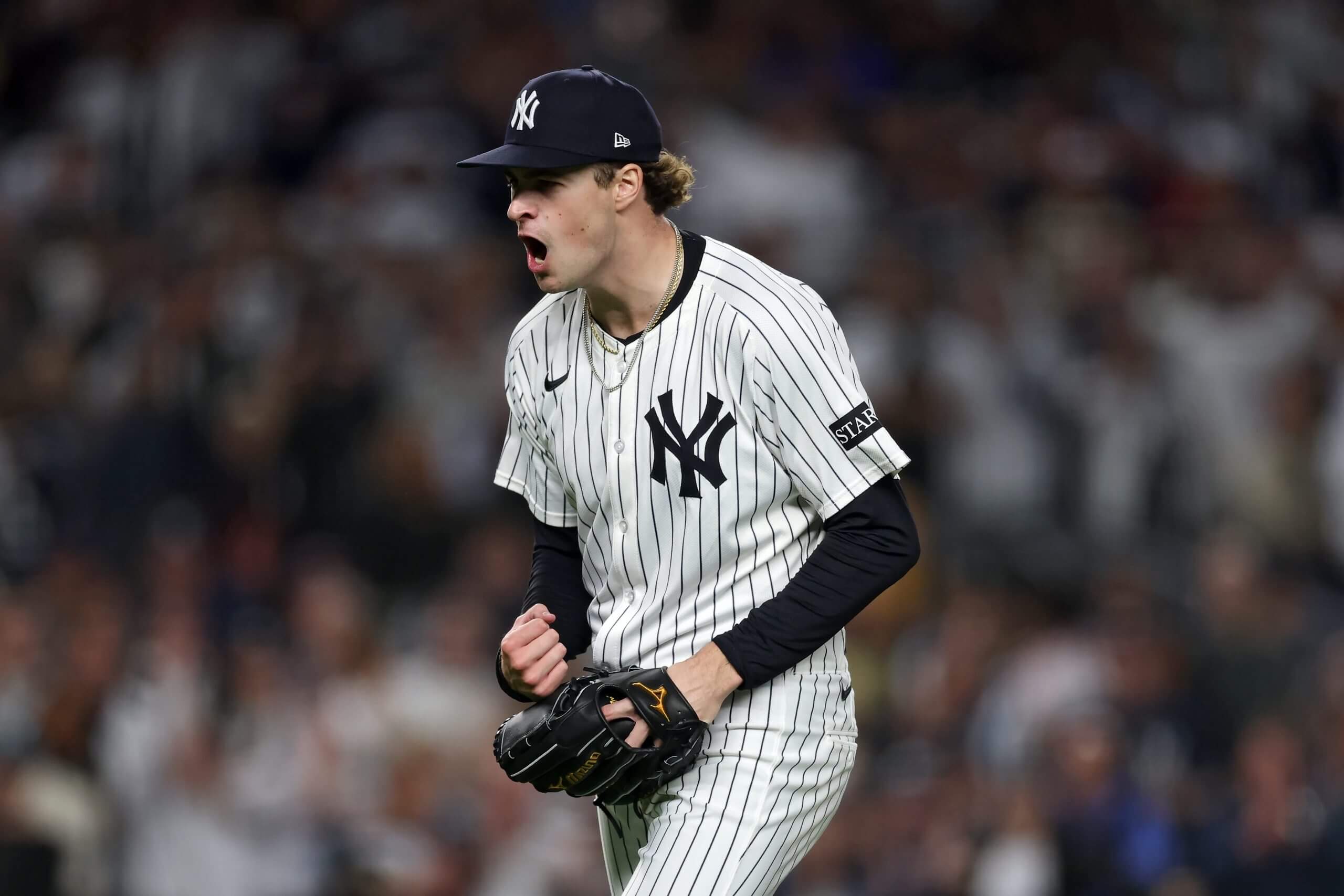 Cam Schlittler #31 of the New York Yankees celebrates during the fifth inning against the Boston Red Sox in game three of the American League Wild Card Series at Yankee Stadium on October 02, 2025 in the Bronx borough of New York City. 