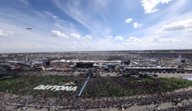Wide aerial view of Daytona International Speedway before the Daytona 500