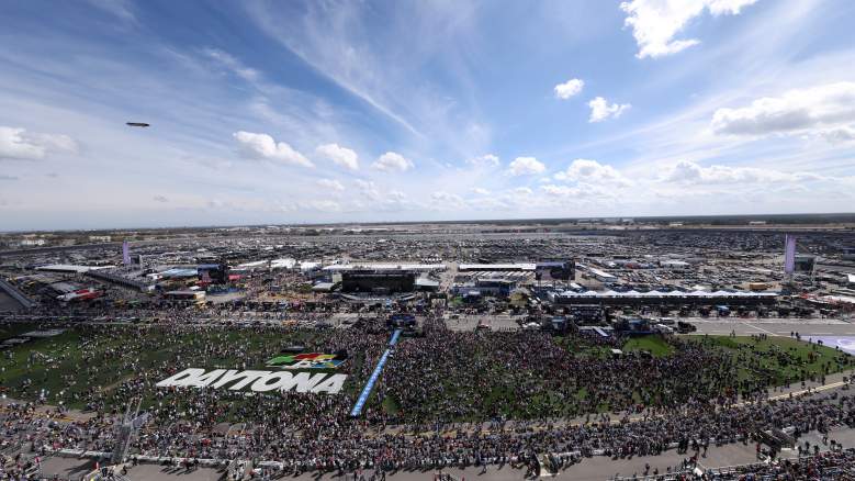 Wide aerial view of Daytona International Speedway before the Daytona 500