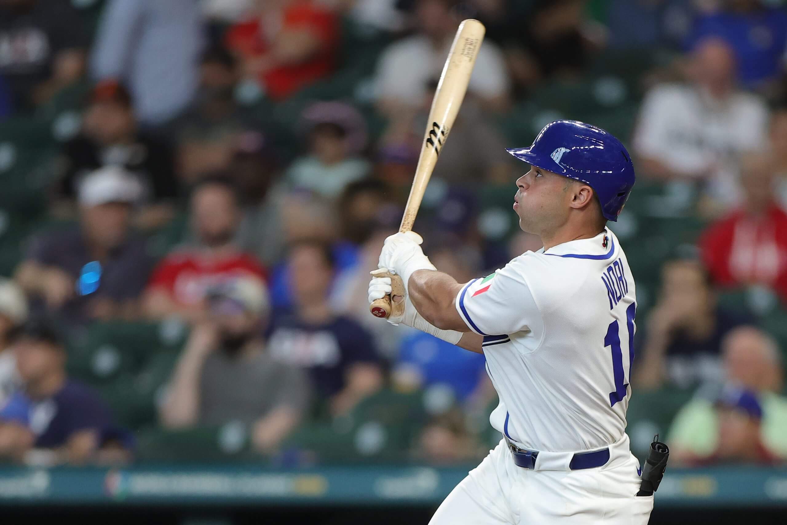 Dante Nori #16 of Team Italy hits a solo home run in the seventh inning against Team Brazil during a 2026 World Baseball Classic Pool B game at Daikin Park on March 07, 2026 in Houston, Texas.
