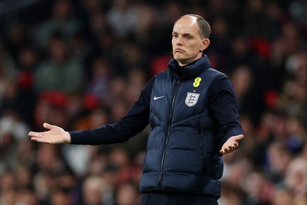 England manager Thomas Tuchel gesturing as his side faces Japan at Wembley Stadium