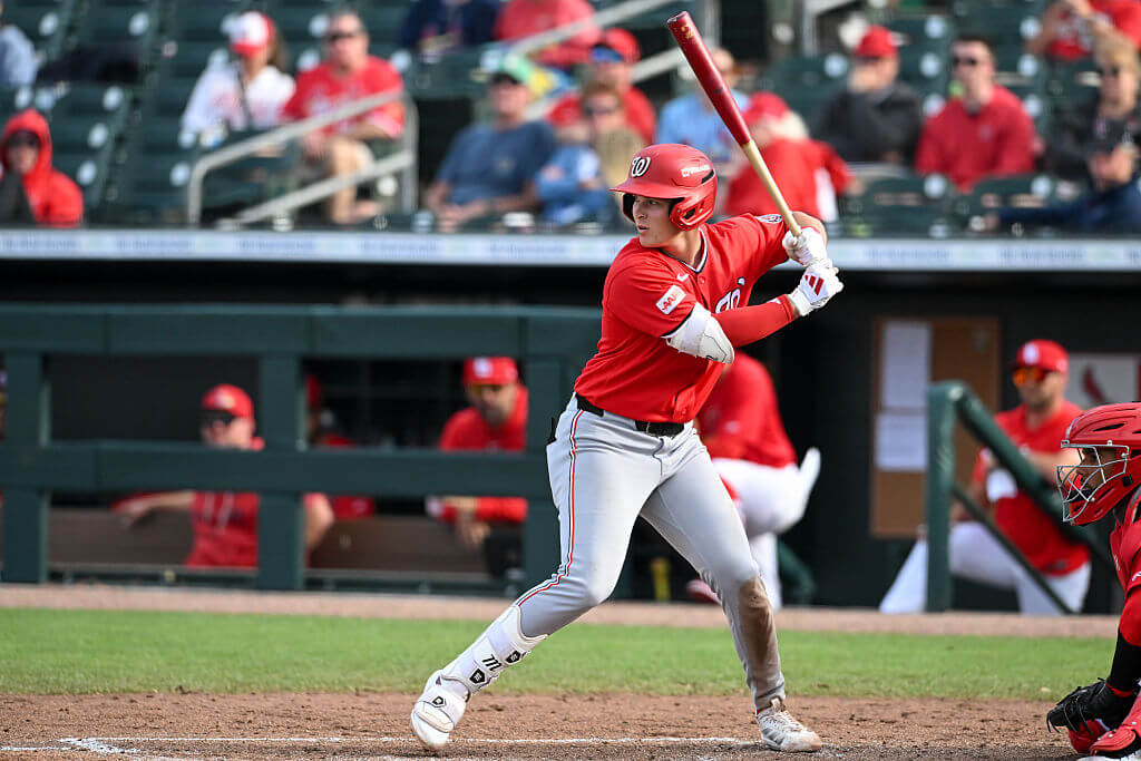 Eli Willits #2 of the Washington Nationals bats during the fourth inning of a spring training Spring Breakout game against the St. Louis Cardinals at Roger Dean Chevrolet Stadium on March 19, 2026 in Jupiter, Florida. 