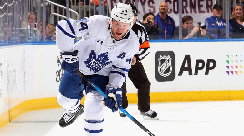 Morgan Rielly #44 of the Toronto Maple Leafs skates against the New York Islanders at UBS Arena on April 09, 2026 in Elmont, New York.
