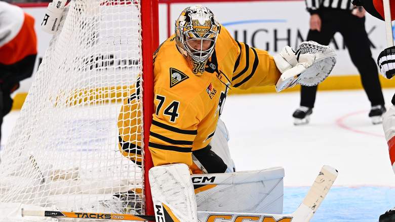 Stuart Skinner #74 of the Pittsburgh Penguins tends goal in the second period of Game One of the First Round of the 2026 Stanley Cup Playoffs against the Philadelphia Flyers at PPG PAINTS Arena on April 18, 2026 in Pittsburgh, Pennsylvania.