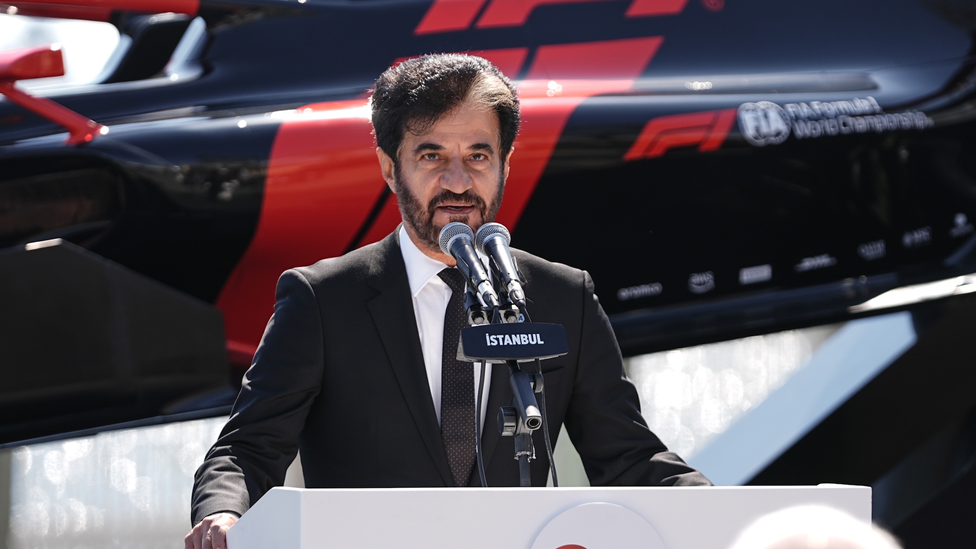 ISTANBUL, TURKIYE - APRIL 24: Fedaration Internationale de l'Automobile (FIA) Mohammed Ben Sulayem makes a speech as he attends the launch of Formula 1 Grand Prix of Turkiye held outside the Dolmabahce Presidential Office in Istanbul, Turkiye on April 24, 2026. (Photo by Hakan Akgun/Anadolu via Getty Images)
