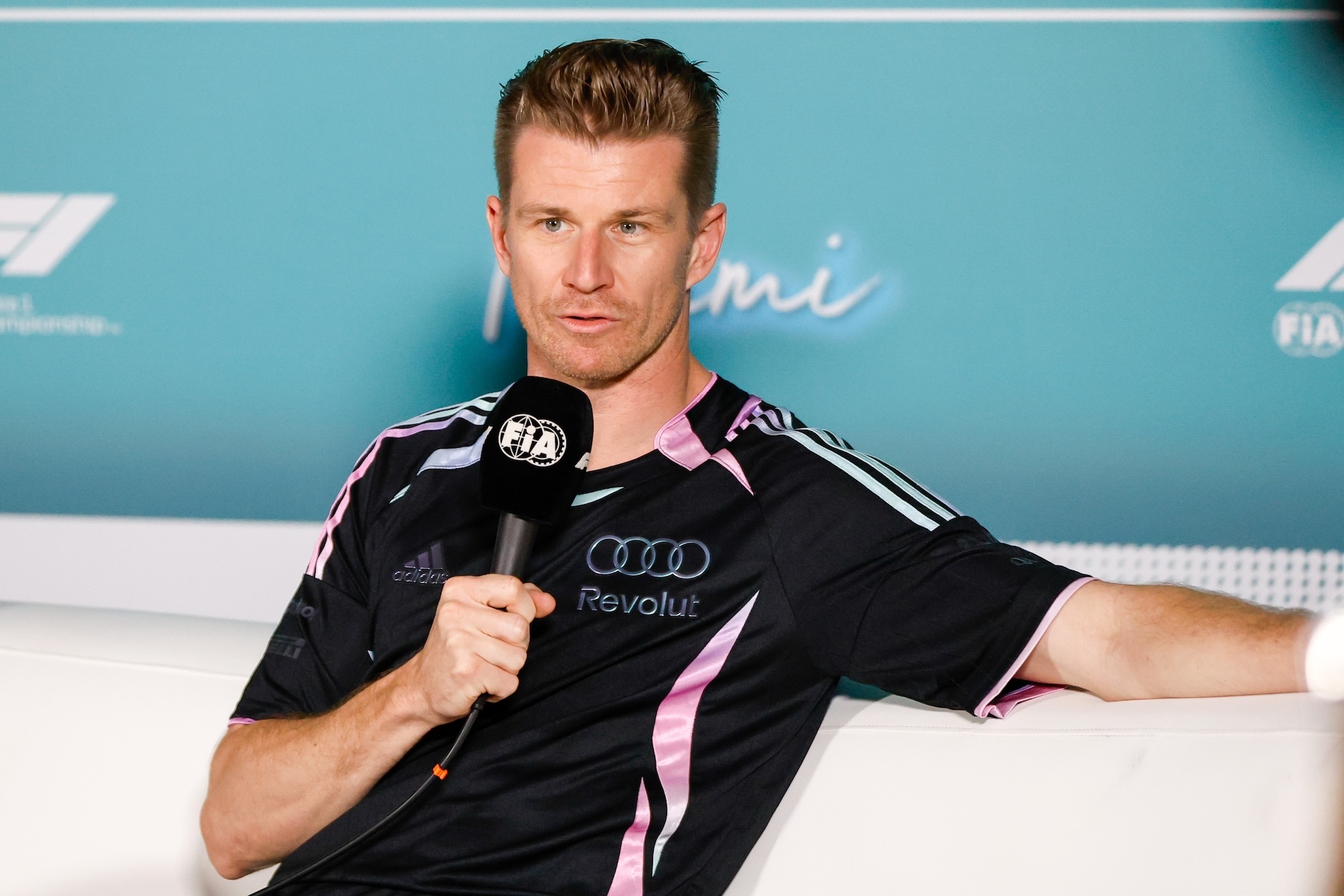 MIAMI GARDENS, FL - APRIL 30: Nico Hulkenberg of Germany and driver of the (27) Audi Revolut F1 Team race car is seen being interviewed during the Media day interviews at the Miami International Autodrome, Miami Gardens, Florida, on April 30, 2026.(Photo by Chris Arjoon/Icon Sportswire via Getty Images)