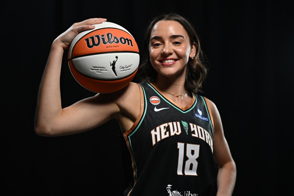 Pauline Astier (18) of the New York Liberty poses for a portrait during 2026 WNBA media day at Fuse-BK in Brooklyn, New York.