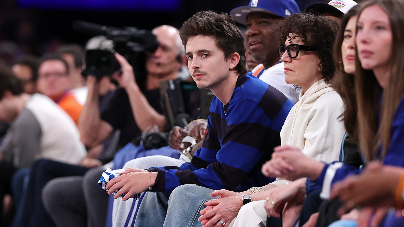 Actor Timothée Chalamet looks on during the second quarter of a game between the Philadelphia 76ers and the New York Knicks in Game One of the Second Round of the NBA Eastern Conference Playoffs at Madison Square Garden on May 04, 2026 in New York City.