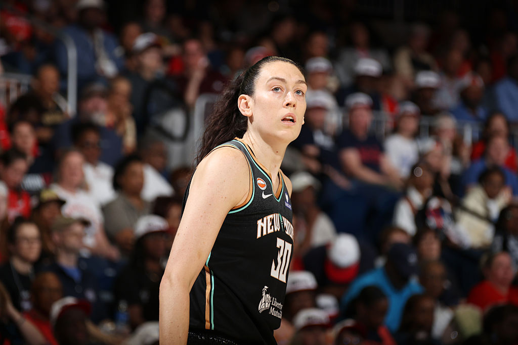 WASHINGTON, D.C. - MAY 10: Breanna Stewart #30 of the New York Liberty looks on during the game against the Washington Mystics on May 10, 2026 at Entertainment and Sports Arena in Washington, D.C. NOTE TO USER: User expressly acknowledges and agrees that, by downloading and or using this photograph, User is consenting to the terms and conditions of the Getty Images License Agreement. Mandatory Copyright Notice: Copyright 2026 NBAE(Photo by Stephen Gosling/NBAE via Getty Images)
