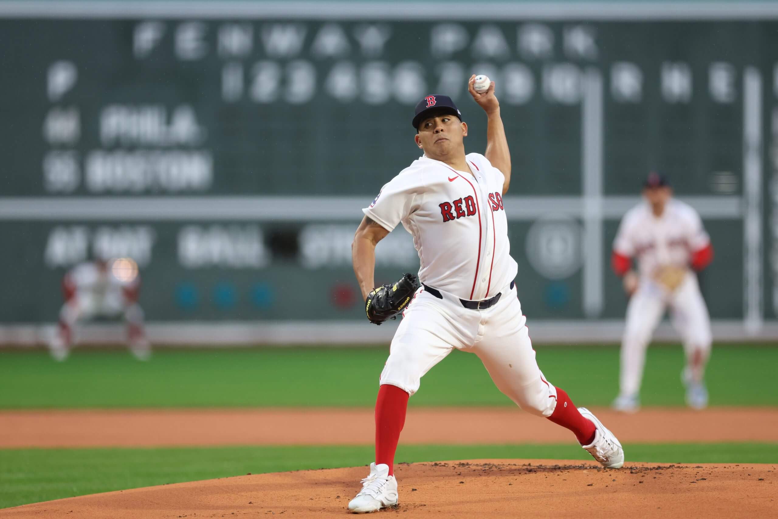 Ranger Suarez #55 of the Boston Red Sox delivers a pitch during the first inning against the Philadelphia Phillies at Fenway Park on May 14, 2026 in Boston, Massachusetts.