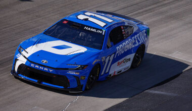 DOVER, DELAWARE - MAY 15: Denny Hamlin, driver of the #11 Progressive Insurance Toyota, drives during NASCAR Cup Series All-Star Race pit road qualifying entry/exit practice at Dover Motor Speedway on May 15, 2026 in Dover, Delaware. (Photo by Sean Gardner/Getty Images)