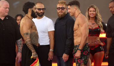 INGLEWOOD, CALIFORNIA - MAY 15: Jake Babian faces off against Namo Fazil during the Weigh-In for Netflix's Ronda Rousey vs. Gina Carano at Intuit Dome on May 15, 2026 in Inglewood, California. (Photo by Sarah Stier/Getty Images for Netflix)