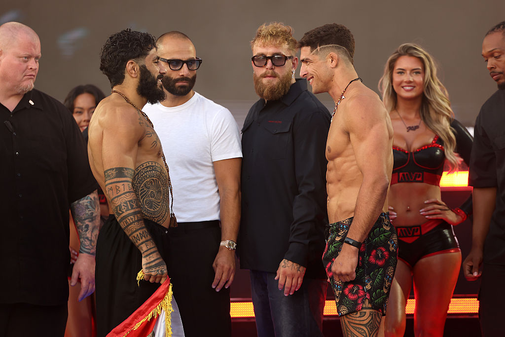 INGLEWOOD, CALIFORNIA - MAY 15: Jake Babian faces off against Namo Fazil during the Weigh-In for Netflix's Ronda Rousey vs. Gina Carano at Intuit Dome on May 15, 2026 in Inglewood, California. (Photo by Sarah Stier/Getty Images for Netflix)