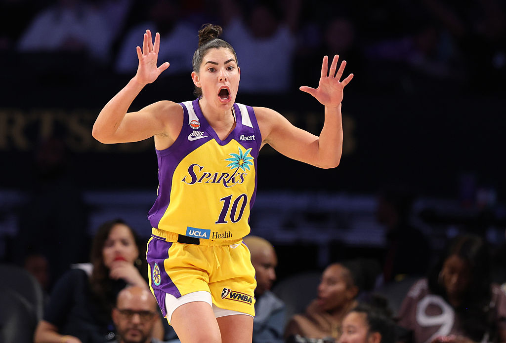 LOS ANGELES, CALIFORNIA - MAY 15: Kelsey Plum #10 of the Los Angeles Sparks reacts during the second half against the Toronto Tempo at Crypto.com Arena on May 15, 2026 in Los Angeles, California. NOTE TO USER: User expressly acknowledges and agrees that, by downloading and or using this photograph, User is consenting to the terms and conditions of the Getty Images License Agreement. (Photo by Luiza Moraes/Getty Images)