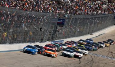 Denny Hamlin leads the NASCAR Cup Series field during the 2026 All-Star Race at Dover Motor Speedway.