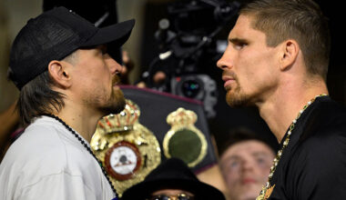 Ukraine's Oleksandr Usyk (L) faces off with Netherlands' Rico Verhoeven during the ceremonial weigh-in ceremony at the Grand Egyptian Museum in Giza on May 22, 2026, on the eve of their WBC World Heavyweight Championship 'Glory in Giza' boxing match in Egypt. (Photo by Khaled DESOUKI / AFP via Getty Images)