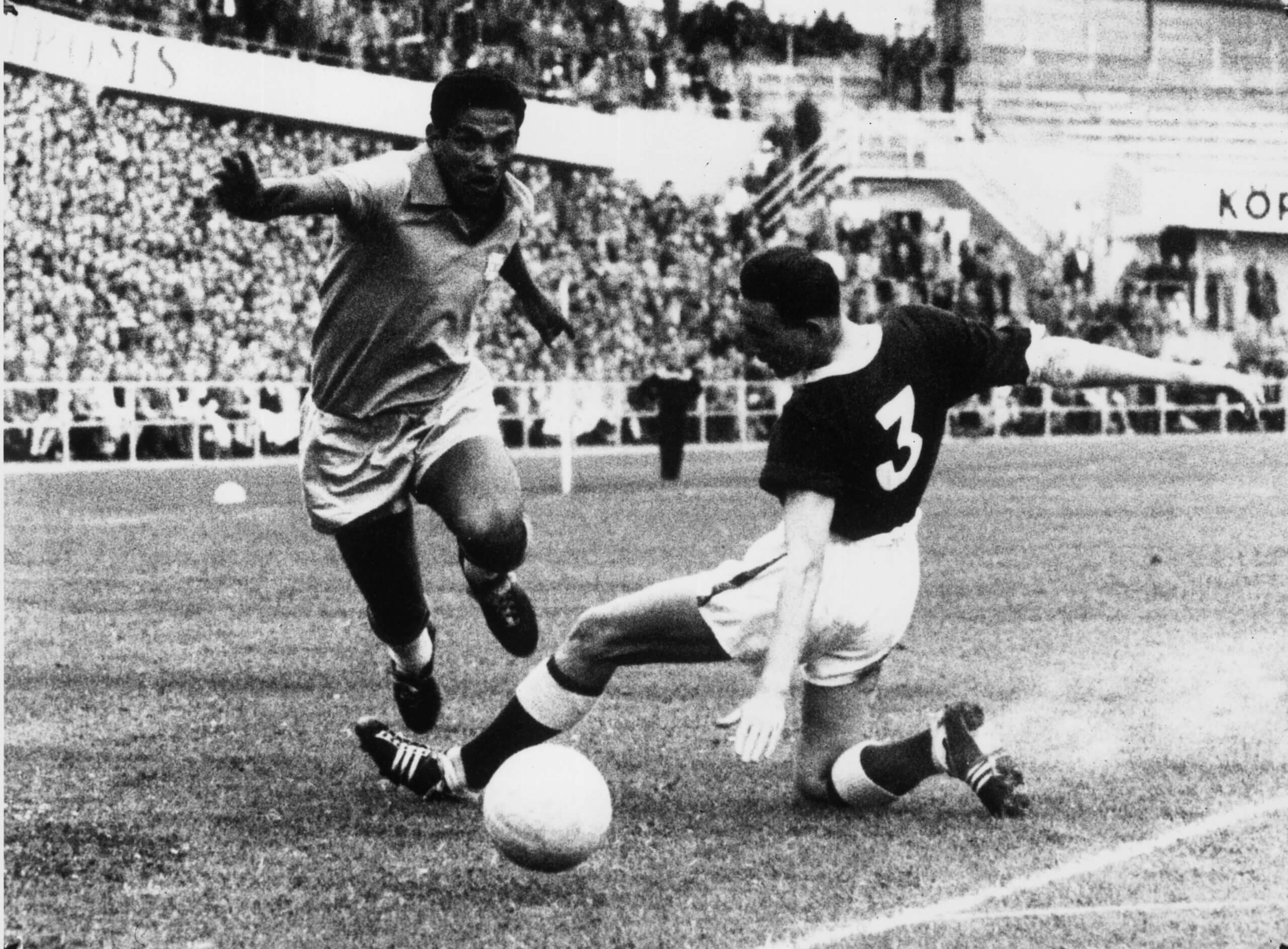 Garrincha in full flight against Wales in Gothenburg at the 1958 World Cup