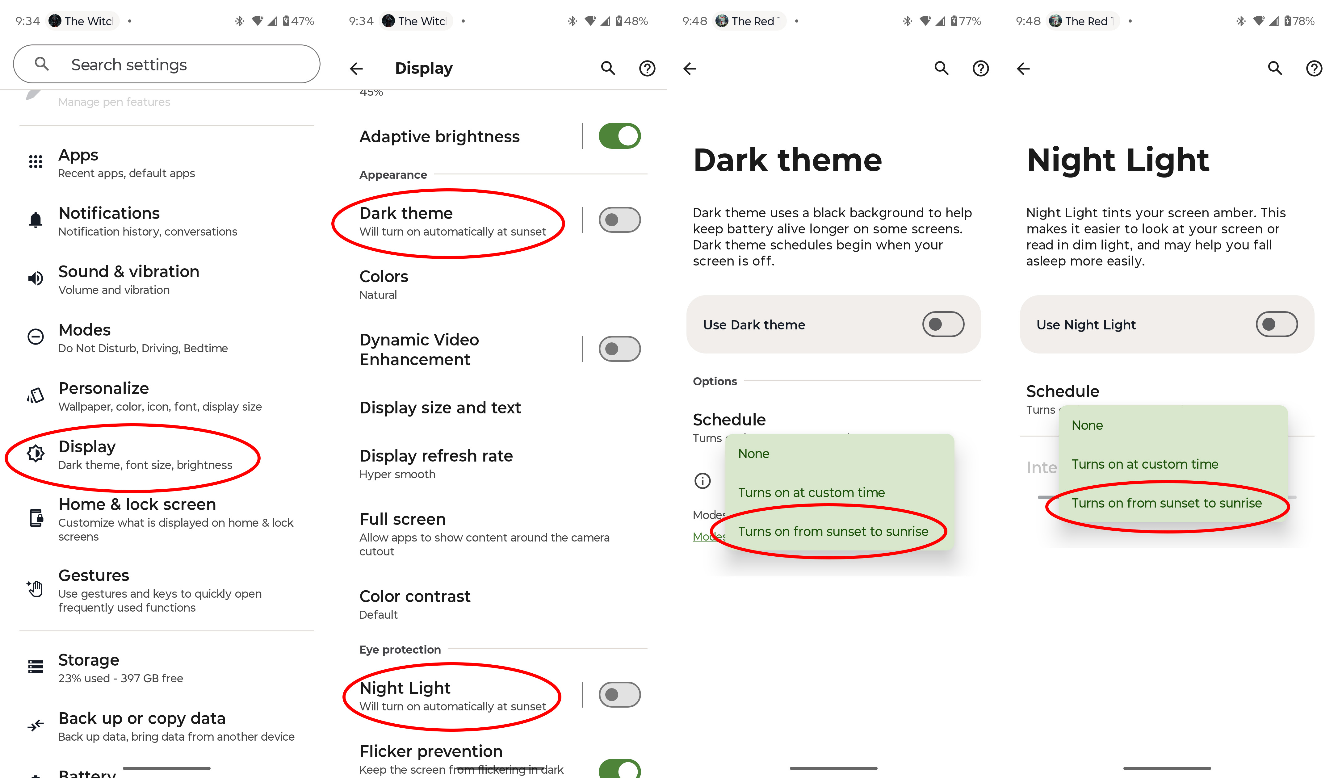 Setting Dark Mode and Night Light to automatically activate when it's dark out on a Motorola Razr Fold 2026