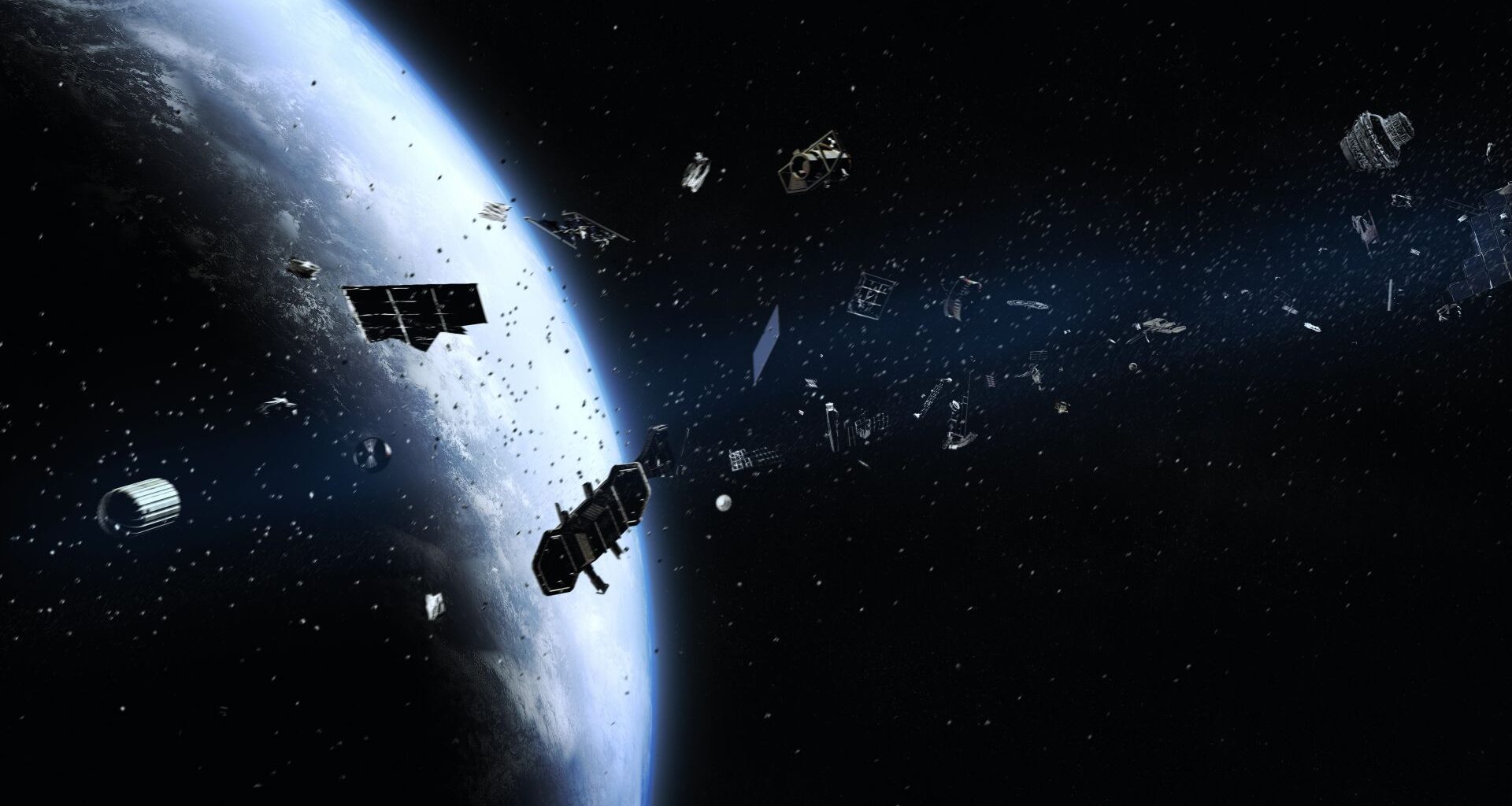An illustration of Earth with lots of random satellite parts in its orbit.