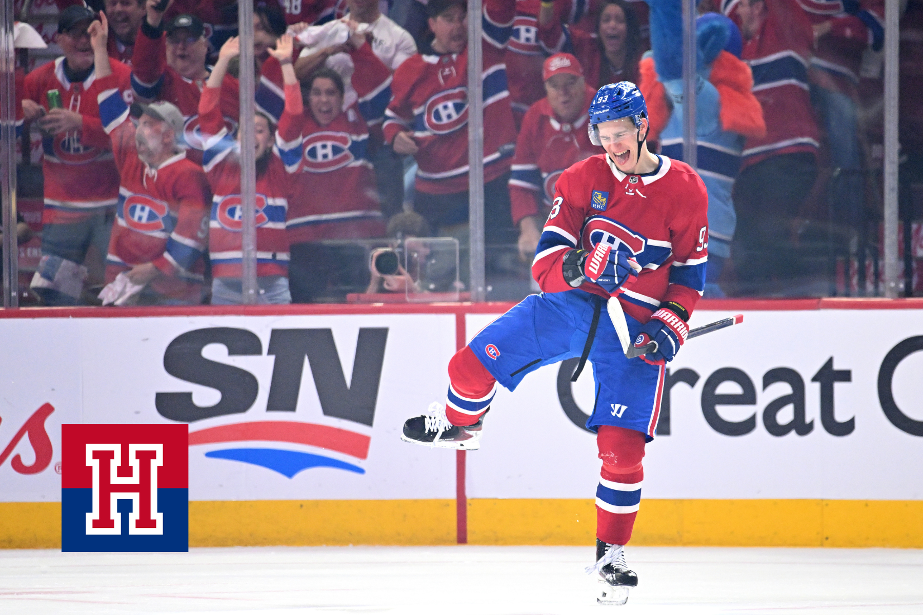 Canadiens winger Ivan Demidov celebrates his first-period goal against the Buffalo Sabres in Game 6 at the Bell Centre on May 16.