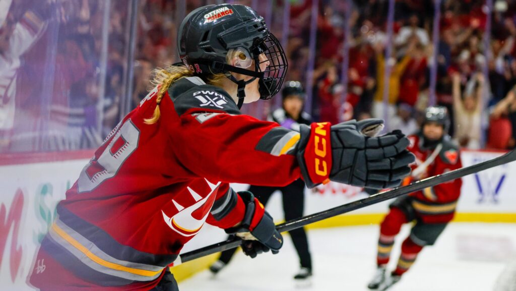 Peyton Hemp celebrates a huge goal after tying the game with less than five minutes left. (Ottawa Charge via X)
