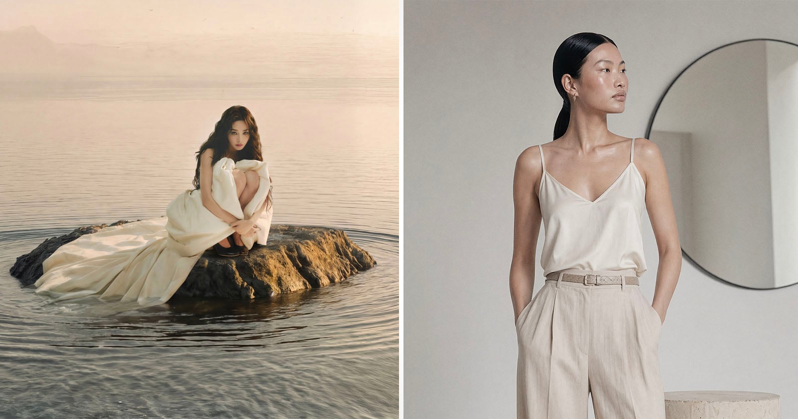 On the left, a woman in a flowing white dress sits on a small rock in calm water. On the right, a woman in a silky cream camisole and beige pants stands indoors near a round mirror, looking to the side.