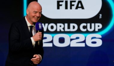 FIFA president Gianni Infantino speaks during the match schedule reveal for the 2026 World Cup draw in Washington on Dec. 6
