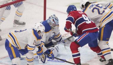 Ukko-Pekka Luukkonen in starter's net at Sabres' morning skate ahead of Game 4