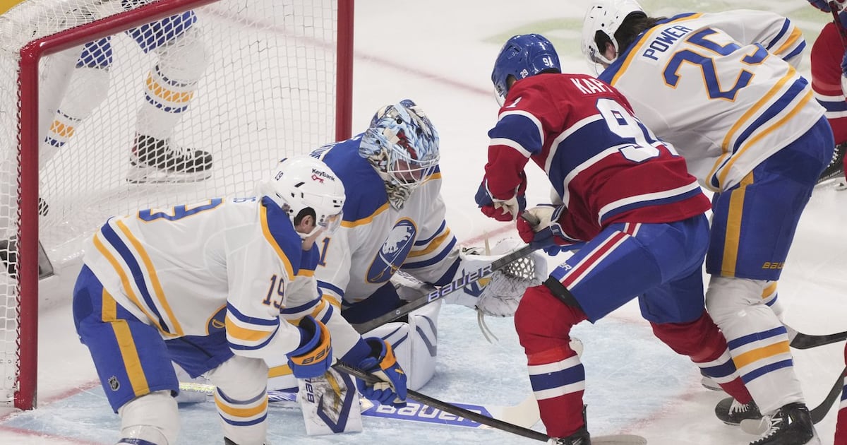 Ukko-Pekka Luukkonen in starter's net at Sabres' morning skate ahead of Game 4