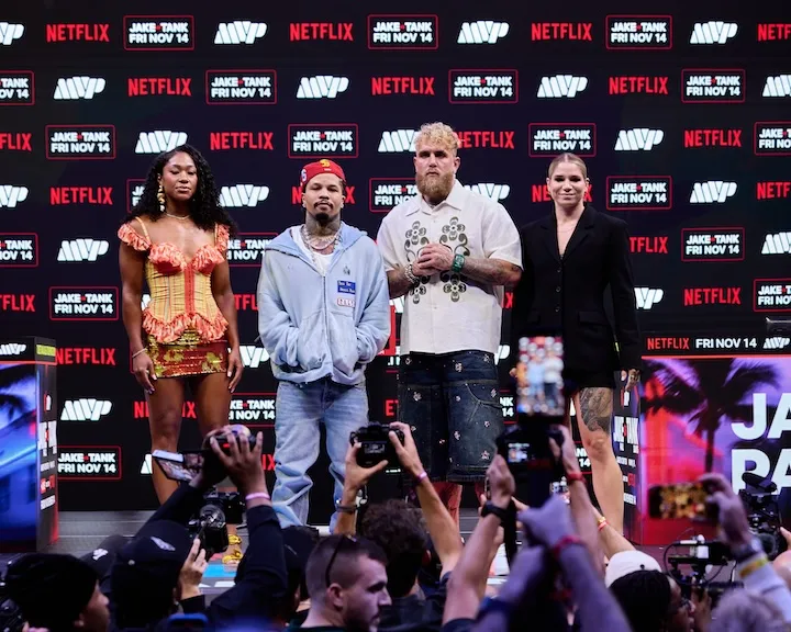 Jake Paul and Gervonta Davis stand next to each other at a press conference on September 23, 2025, for their exhibition match.