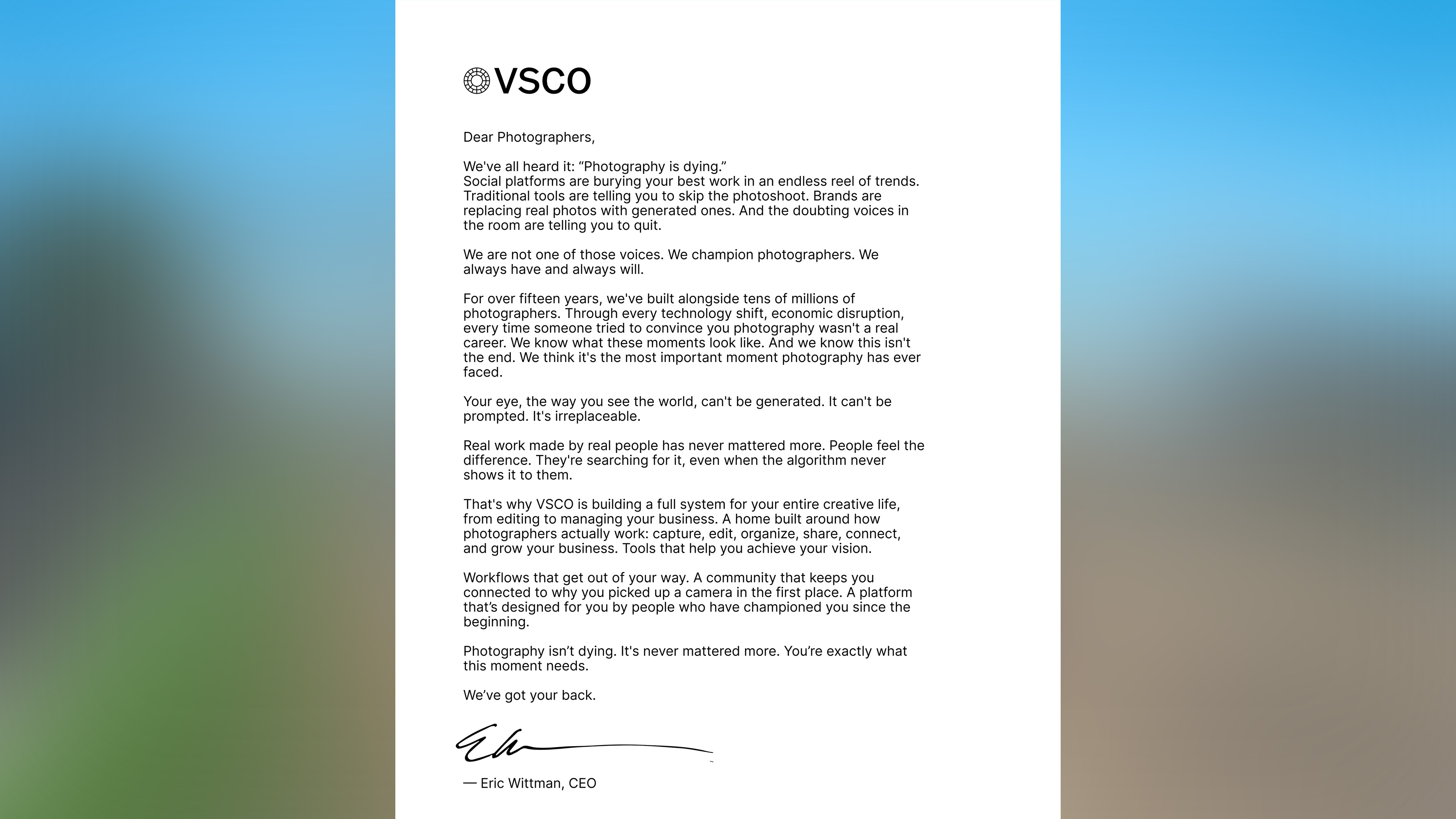 Screenshot of a typed letter by VSCO CEO Eric Wittman.