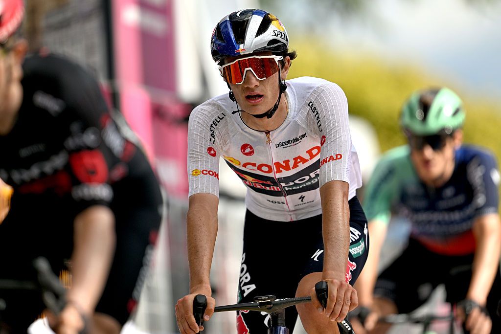 FERMO, ITALY - MAY 16: Giulio Pellizzari of Italy and Team Red Bull - BORA - hansgrohe - White Best Young Rider Jersey crosses the finish line during the 109th Giro d&amp;apos;Italia 2026, Stage 8 a 156km stage from Chieti to Fermo 315m / #UCIWT / on May 16, 2026 in Fermo, Italy. (Photo by Dario Belingheri/Getty Images)