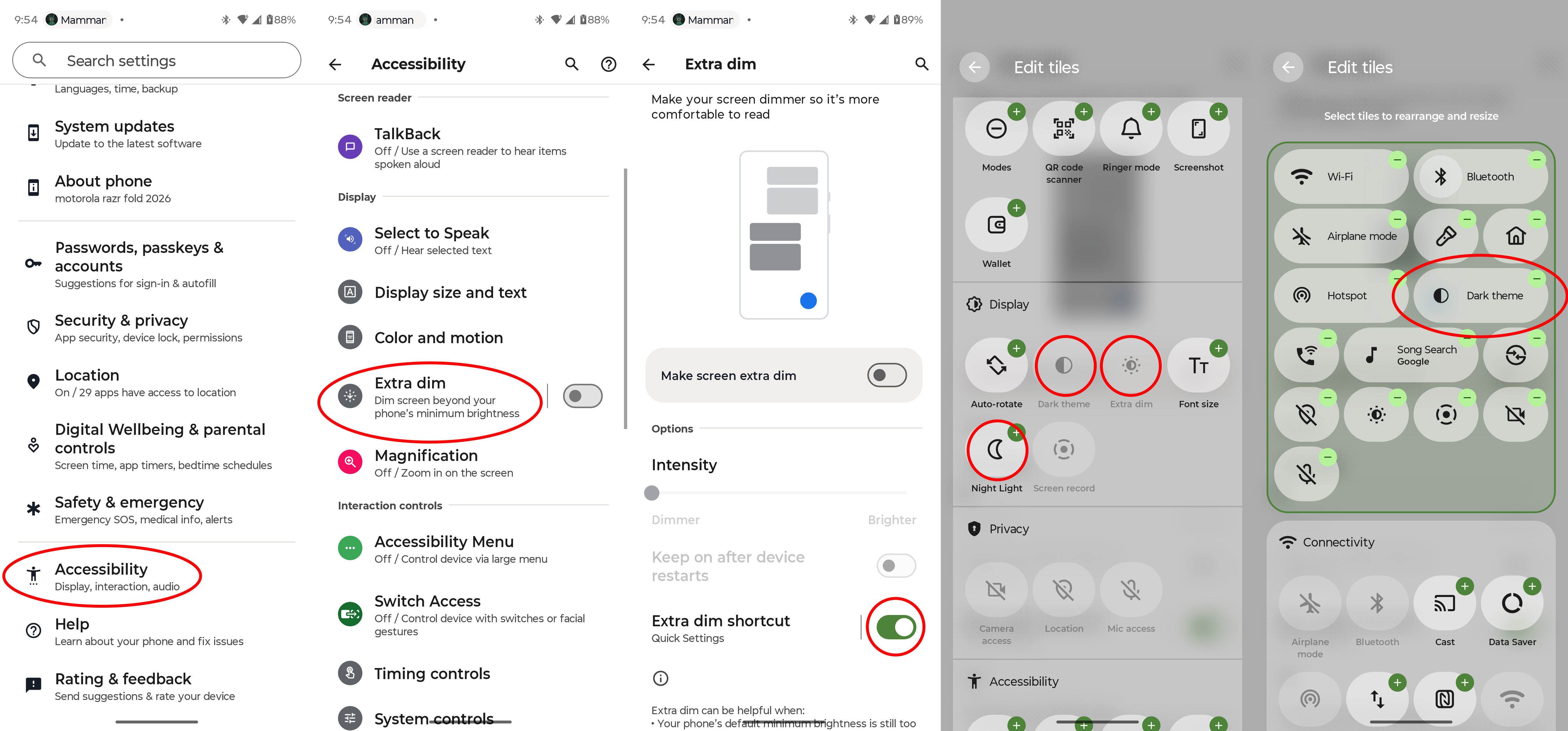 How to enable the Extra Dim accessibility setting and add quick toggles for display accessibility settings to a Motorola Razr Fold 2026