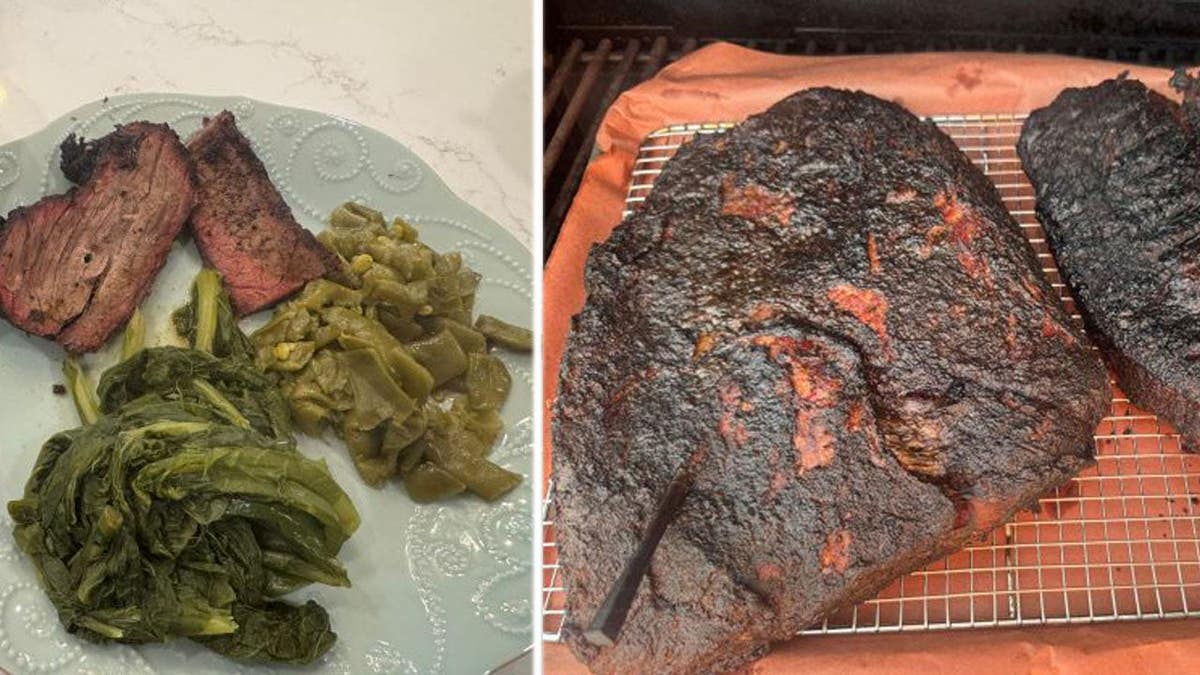 John in Bowling Green, Kentucky shows off the meat he grilled using charcoal.