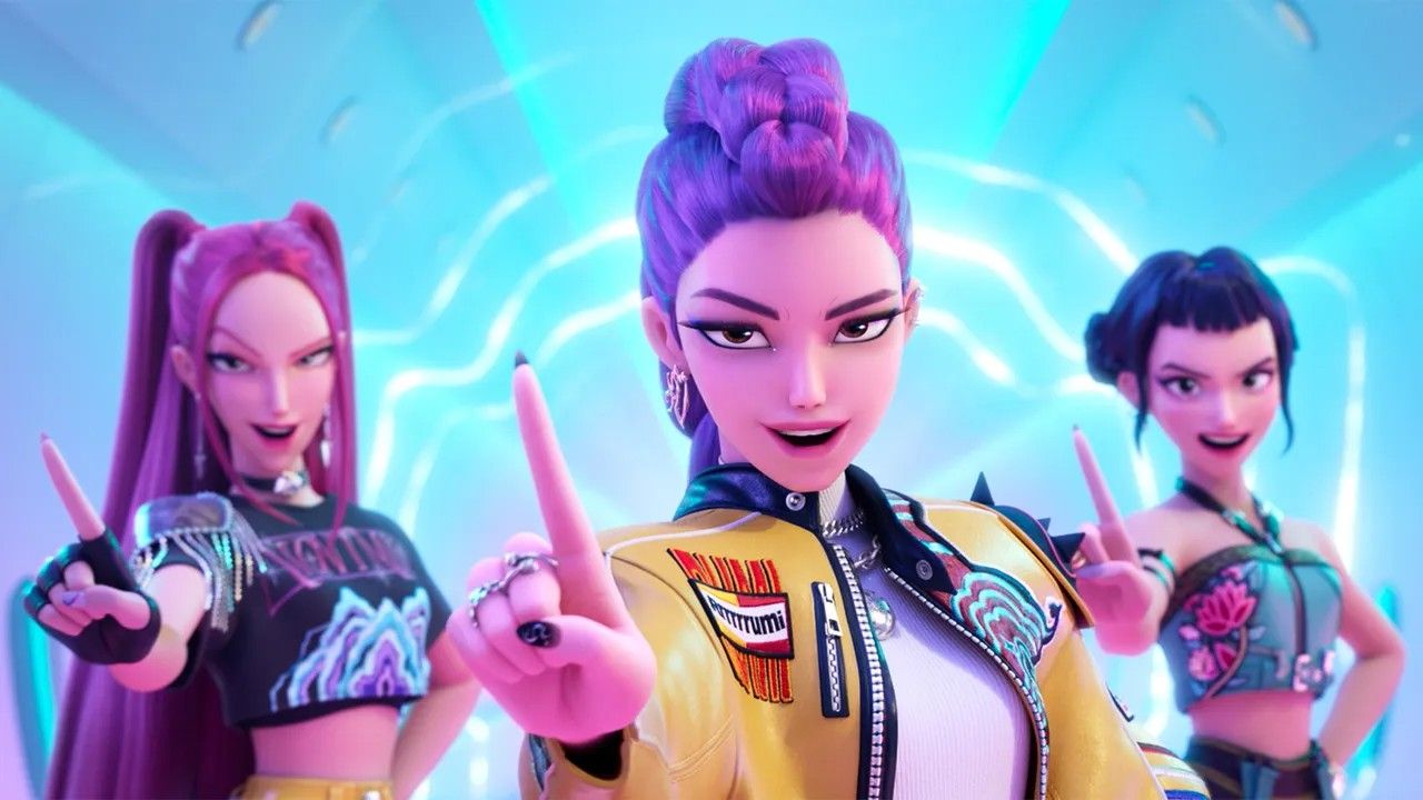 Three animated women, styled like a K-pop group with vibrant hair and edgy outfits, look intensely at the camera while pointing upwards with one finger in a bright, neon-lit setting.