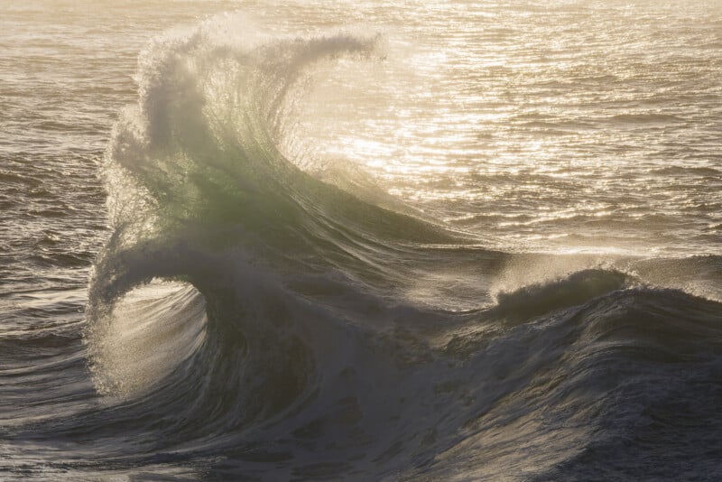 A large ocean wave curls and crashes, illuminated by golden sunlight reflecting off the water’s surface in the background.