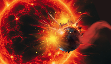 An illustration of a very red and fiery star consuming a smaller, blue planet.
